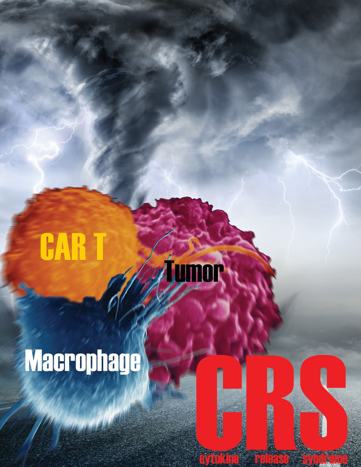 A drawing showing CAR T cells, macrophages, and tumor cells superimposed on a churning tornado-like storm. 
