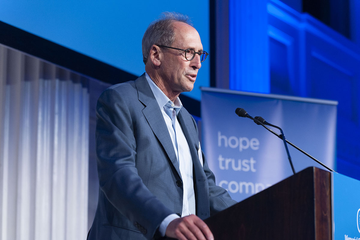 Peter Hamburger speaks onstage during the Thrivers Event hosted by Memorial Sloan Kettering, to honor the patients, caregivers, and staff of MSK’s Bone Marrow Transplant Service. 