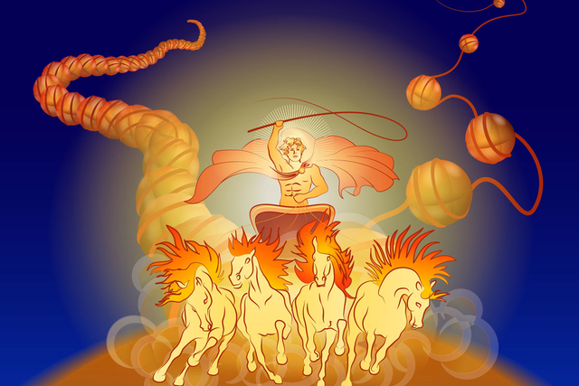 An illustration shows Helios, the ancient Greek sun god, unwinding DNA