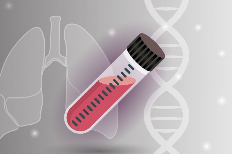 A tube of blood superimposed on a lung and a DNA helix