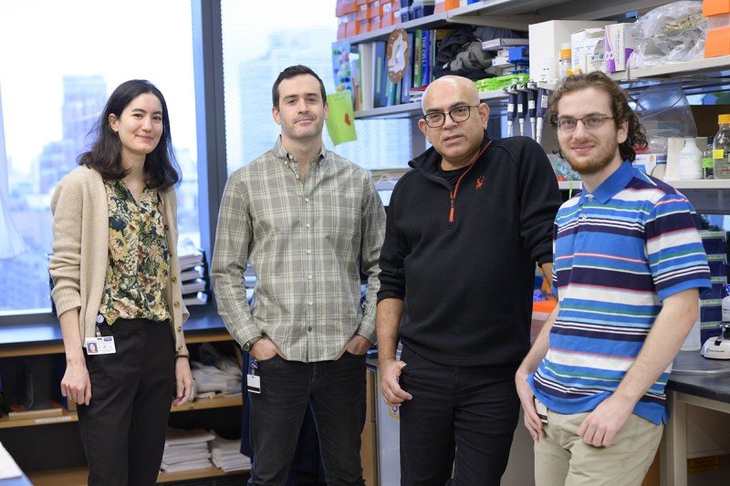 Kalina Belcheva, Teddy Yewdell, Jayanta Chaudhuri, and Ryan Smolkin standing together in a lab
