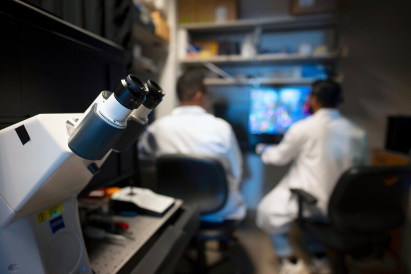 Microscope in foreground. GSK Graduate Students in the background.