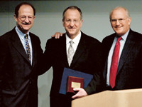 Memorial Sloan Kettering President Harold Varmus, Cornell University President David Skorton, and Memorial Sloan Kettering Board Chairman Douglas Warner at the Academic Convocation ceremony.