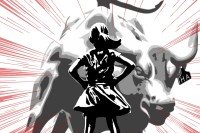 Illustration of girl standing in front of charging bull