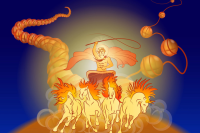 An illustration shows Helios, the ancient Greek sun god, unwinding DNA