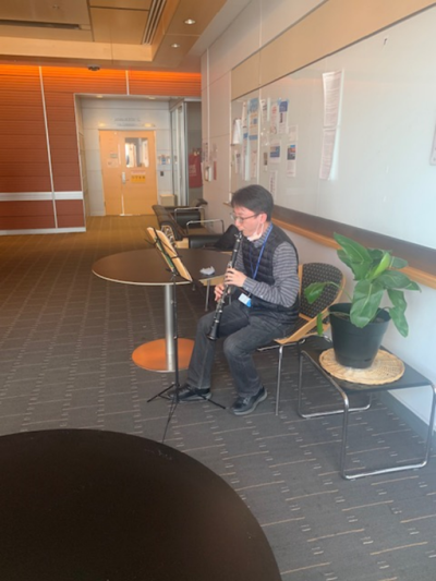 Happy Birthday Joan :  Post Doc Jin Suk Park playing the clarinet for Dr. Massague’s Birthday! 