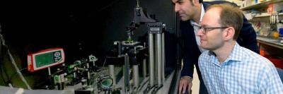 MSK scientists Daniel Heller and Kayvan Keshari with a confocal microscope.